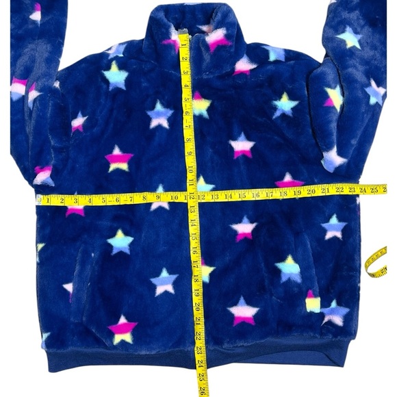 Crown & Ivy blue plush bomber jacket with multicolor star print Size Large - Picture 4 of 8